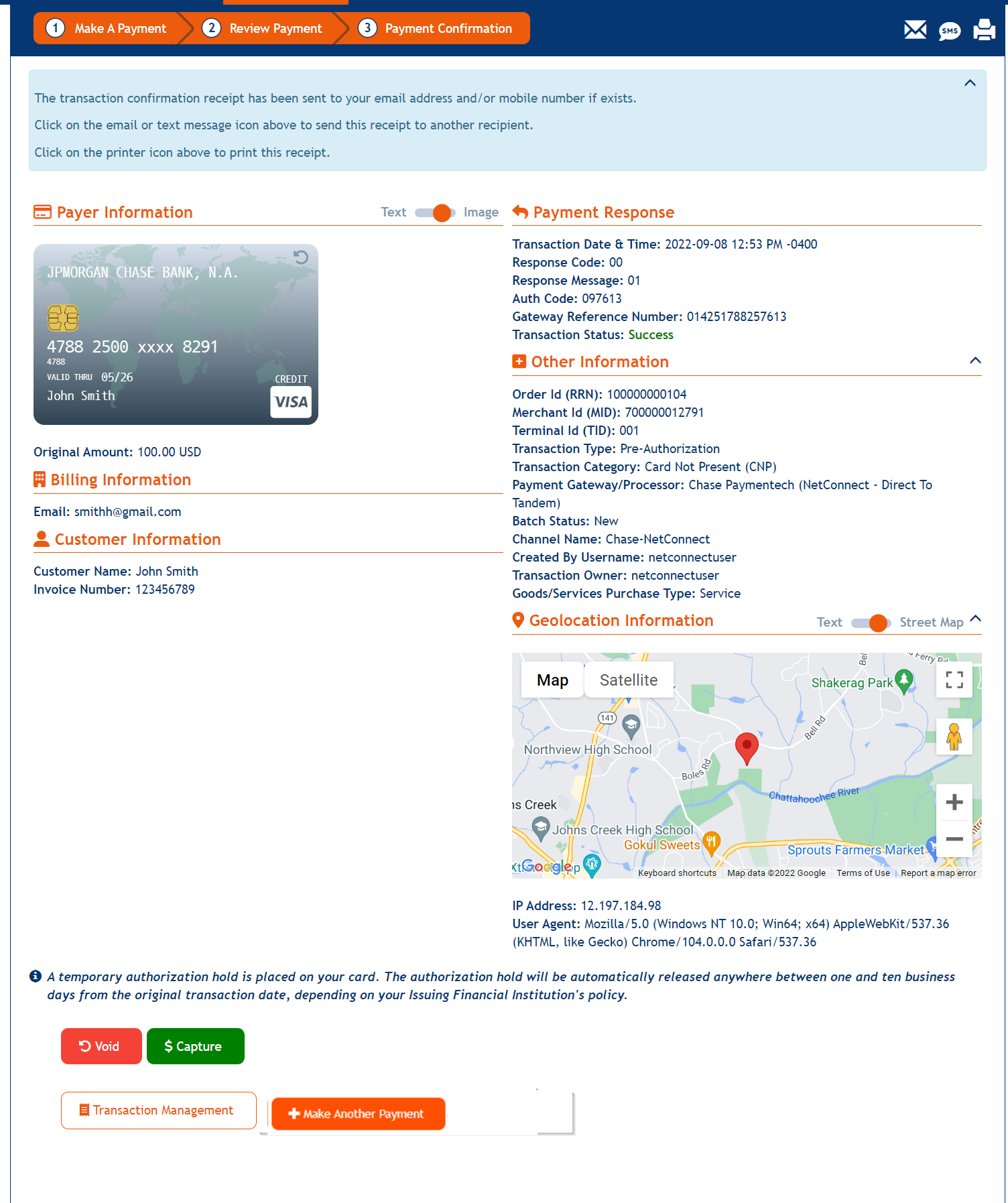 Payment Confirmation page