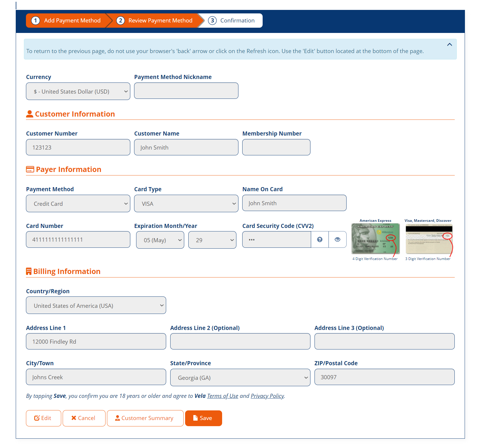 Review Payment Method page