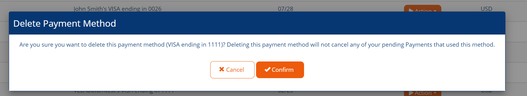 Delete Payment Method page